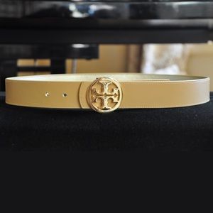 Tory Burch Reversible Logo Belt 1.5 Gold Tan Small